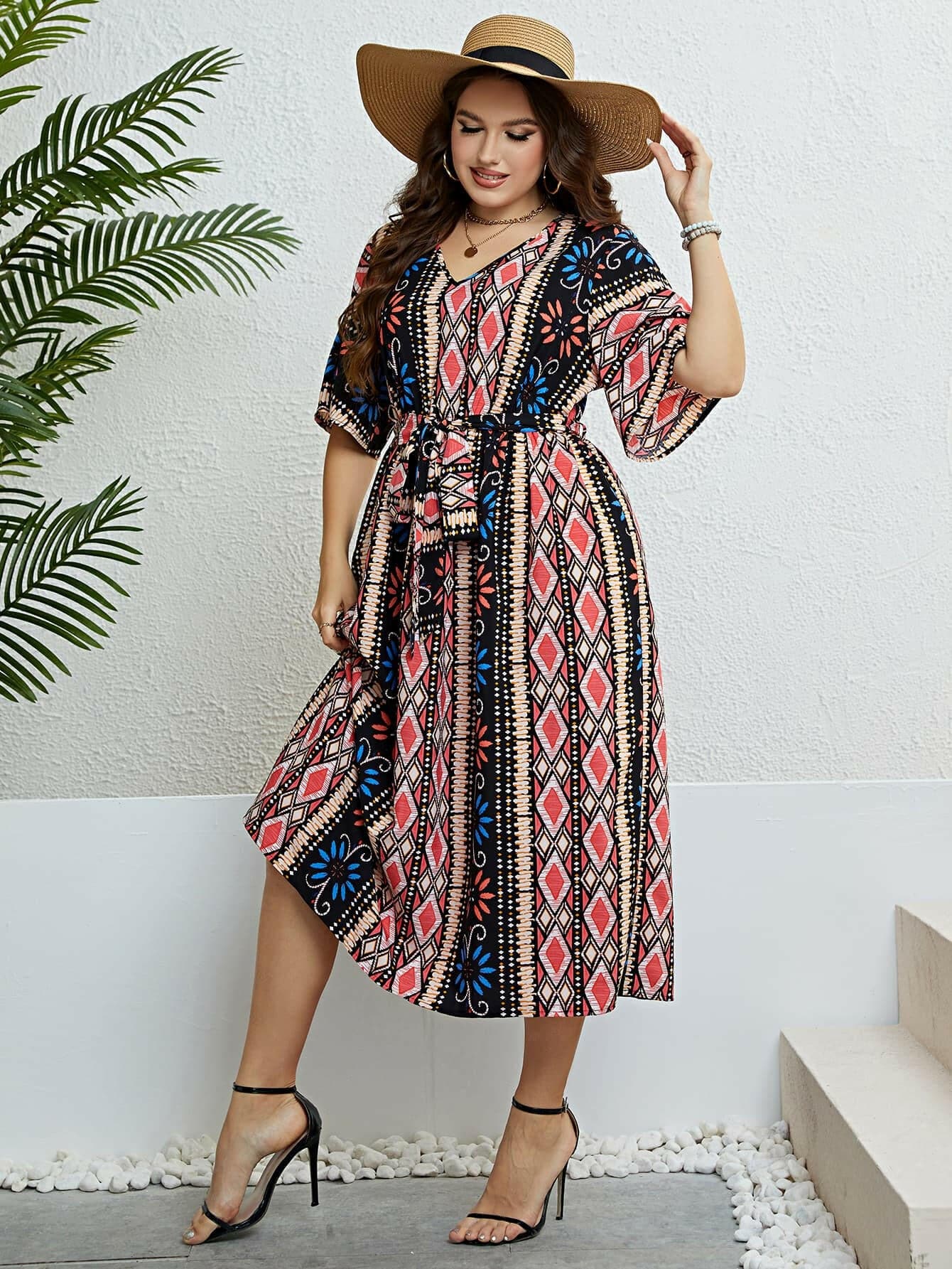 Plus Size Bohemian V-Neck Tie Belt Midi Dress - Love Salve