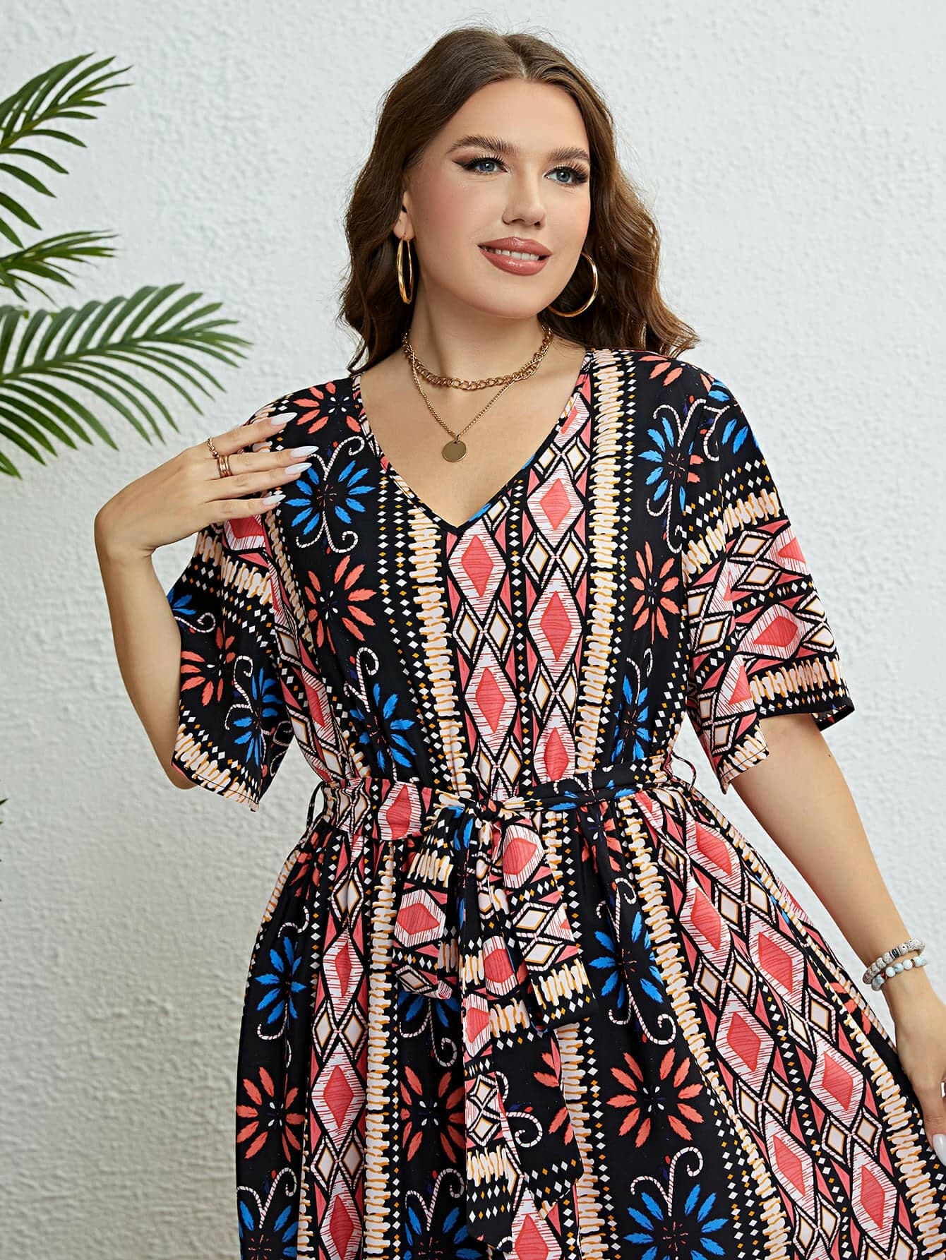 Plus Size Bohemian V-Neck Tie Belt Midi Dress - Love Salve