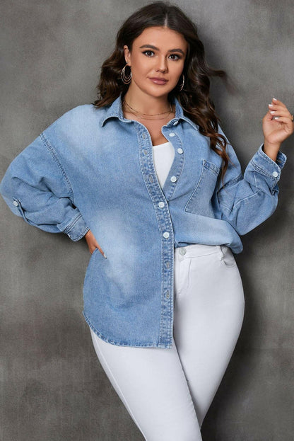 Plus Size Button Up Pocketed Denim Top - Love Salve