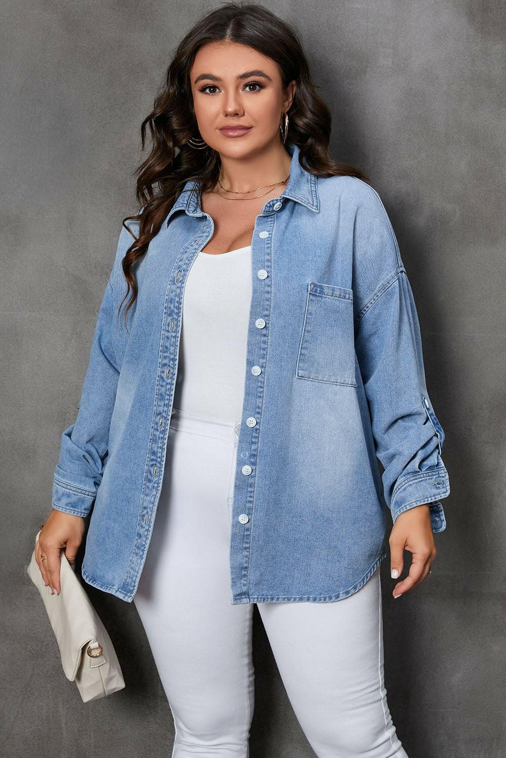 Plus Size Button Up Pocketed Denim Top - Love Salve