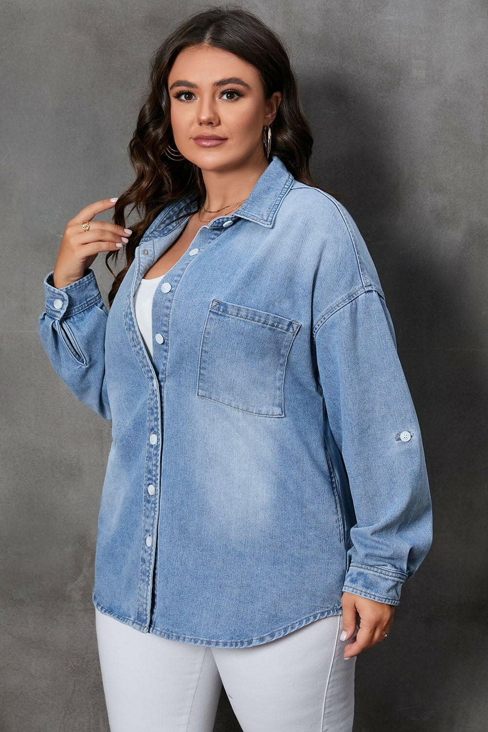 Plus Size Button Up Pocketed Denim Top - Love Salve