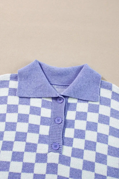 Plus Size Checkered Collared Neck Long Sleeve Sweater - Love Salve 