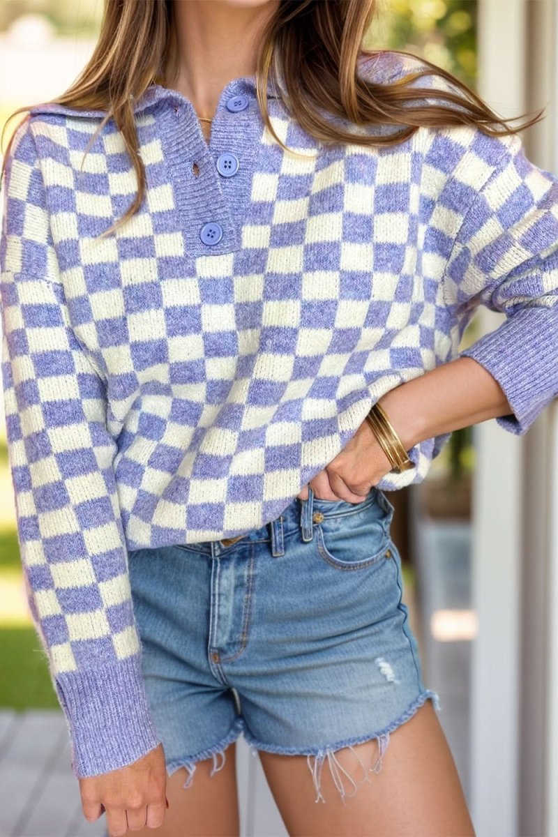 Plus Size Checkered Collared Neck Long Sleeve Sweater - Love Salve 