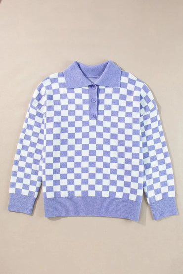 Plus Size Checkered Collared Neck Long Sleeve Sweater - Love Salve 