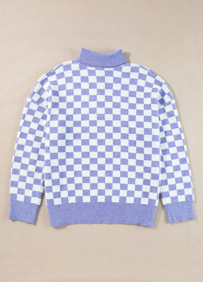 Plus Size Checkered Collared Neck Long Sleeve Sweater - Love Salve 