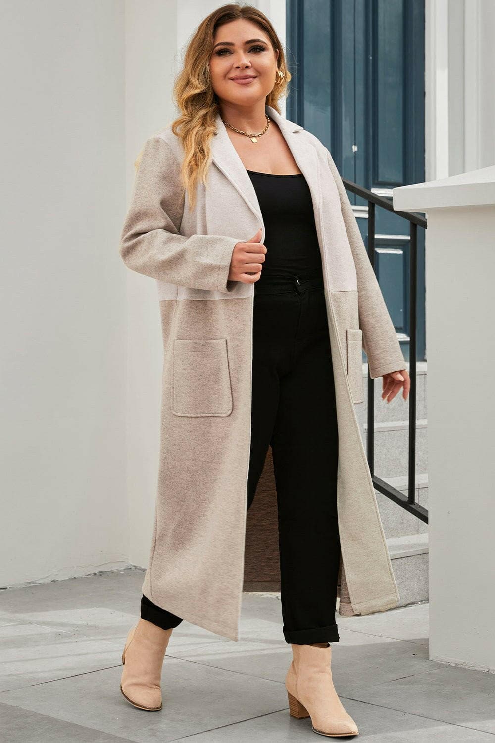 Plus Size Collared Neck Buttoned Longline Coat - Love Salve