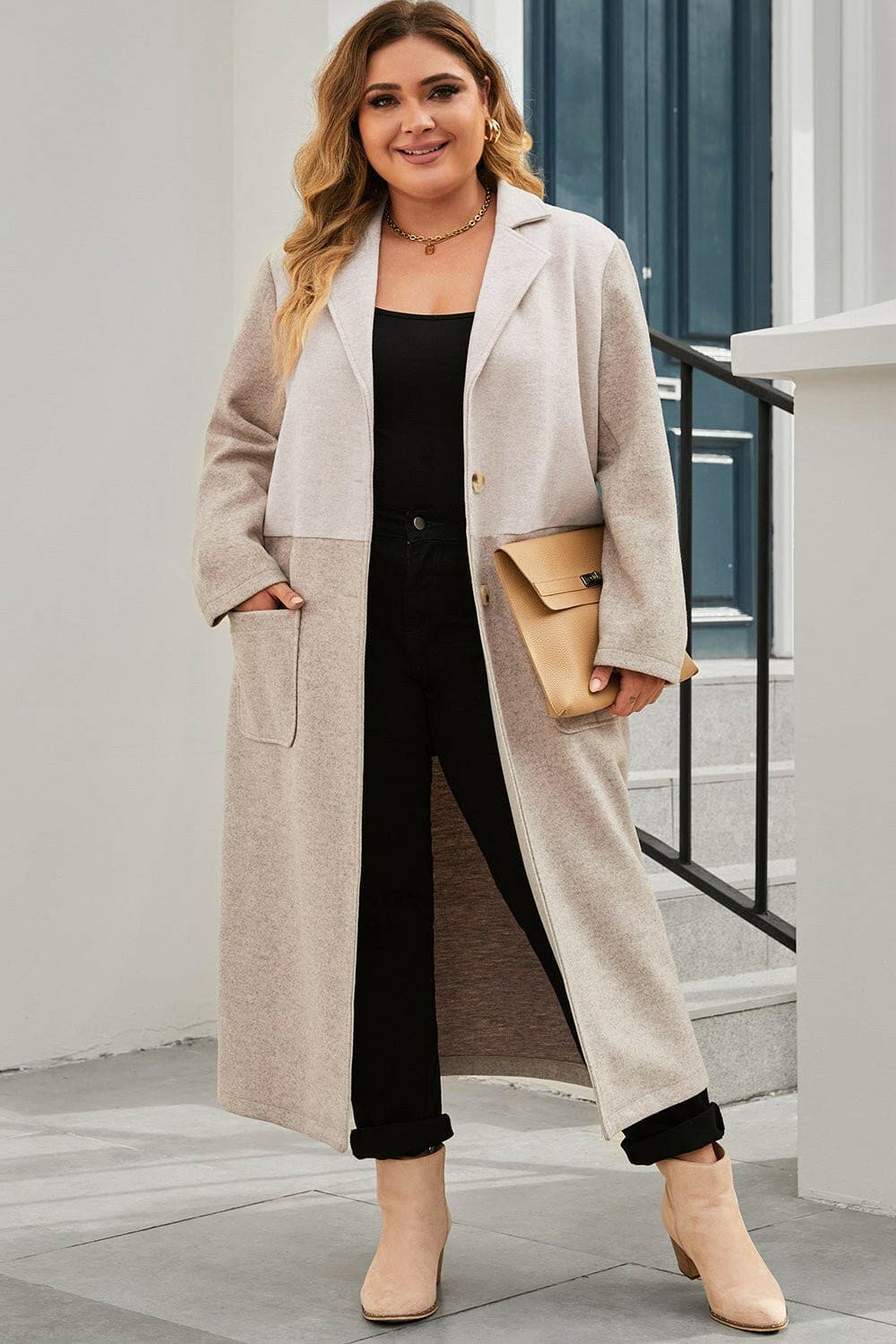 Plus Size Collared Neck Buttoned Longline Coat - Love Salve