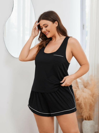 Plus Size Contrast Piping Racerback Tank and Shorts Lounge Set - Love Salve