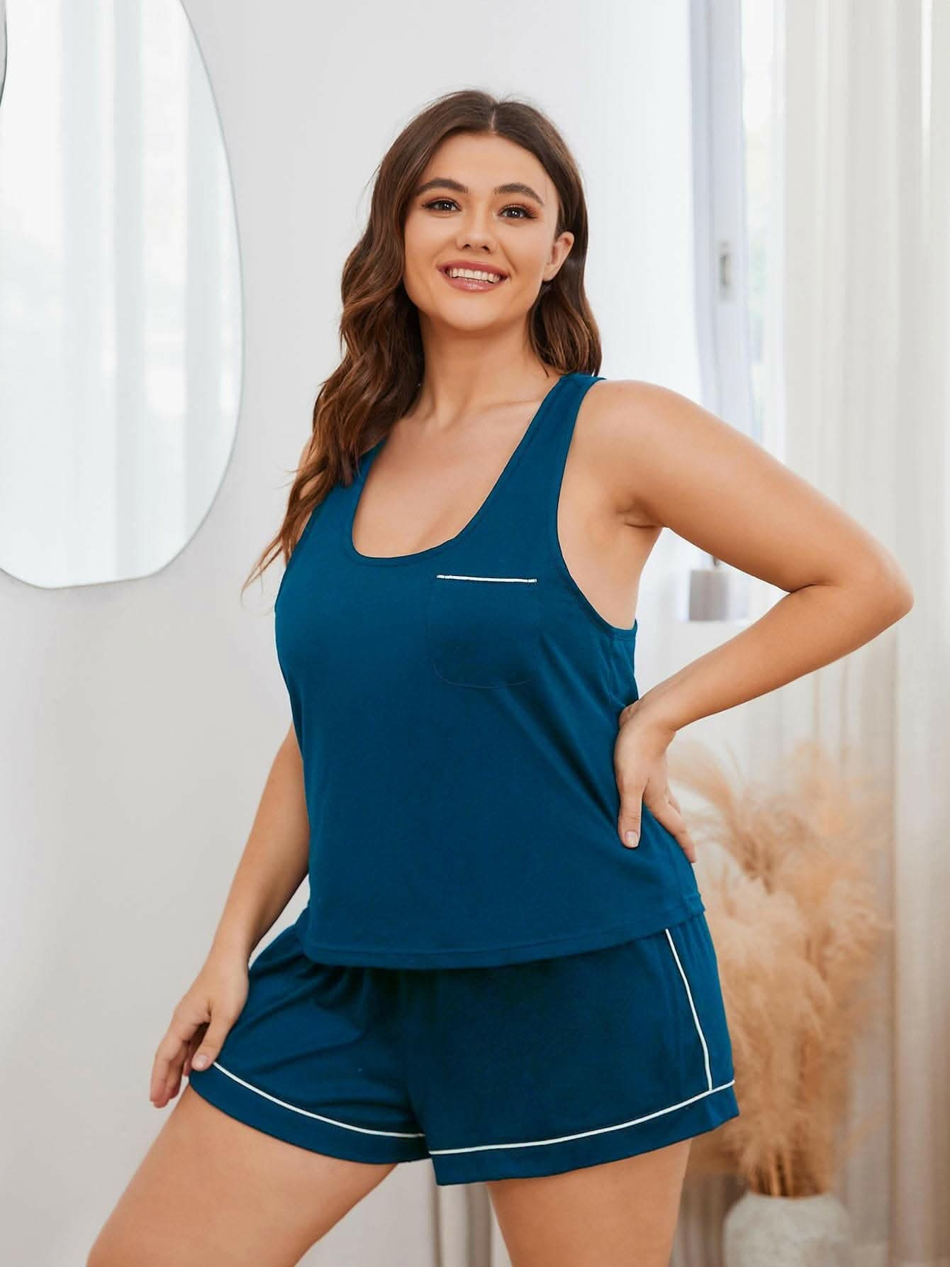 Plus Size Contrast Piping Racerback Tank and Shorts Lounge Set - Love Salve