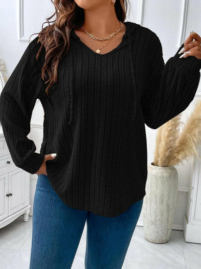 Plus Size Drawstring Dropped Shoulder Hooded T-Shirt - Love Salve