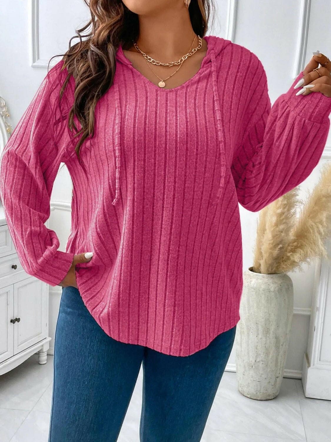 Plus Size Drawstring Dropped Shoulder Hooded T-Shirt - Love Salve