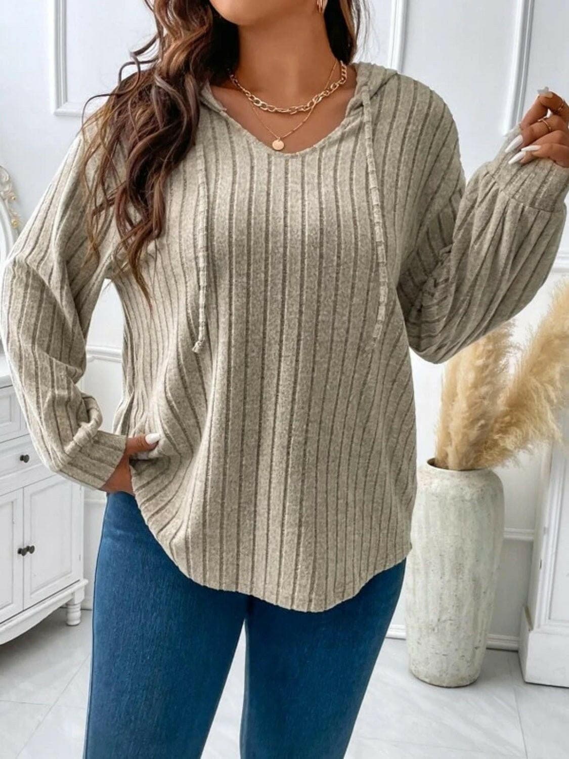 Plus Size Drawstring Dropped Shoulder Hooded T-Shirt - Love Salve