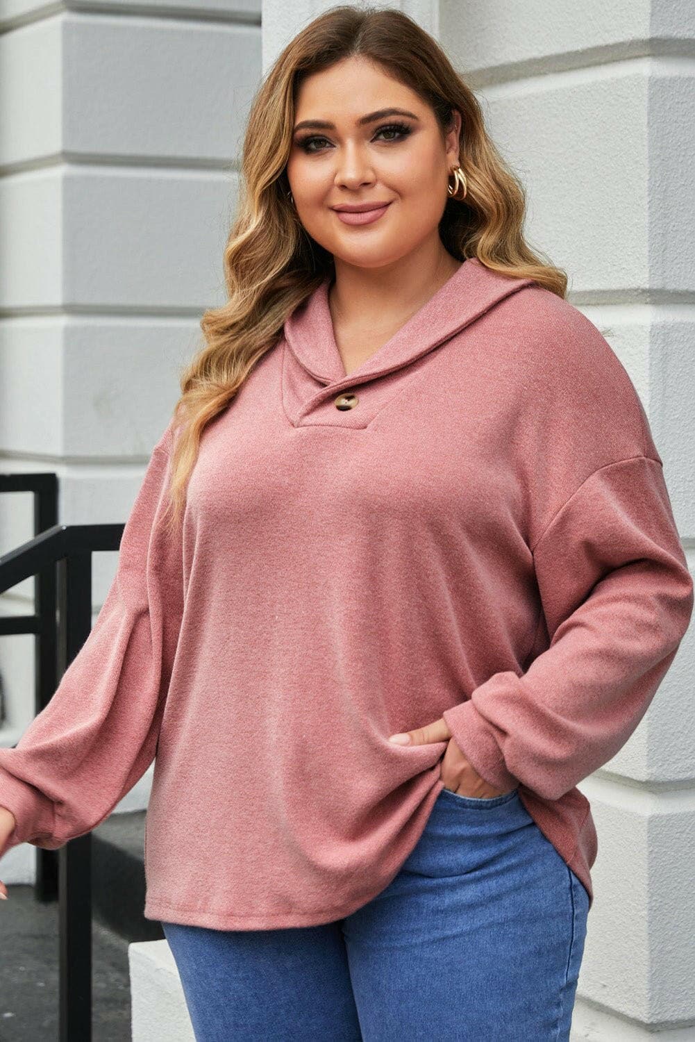 Plus Size Dropped Shoulder Collared Neck T-Shirt - Love Salve