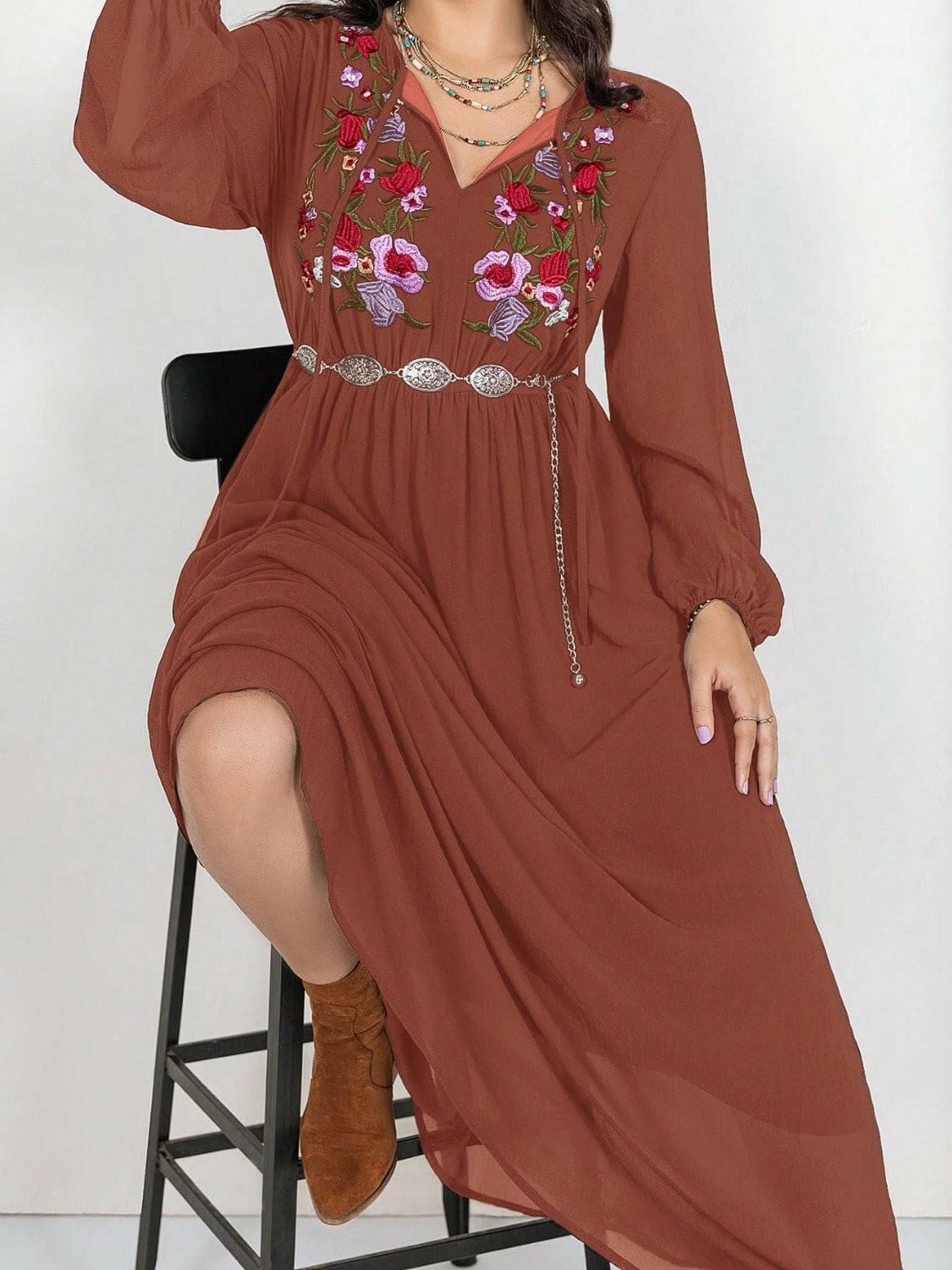 Embroidered Sheer Plus Size Tie Neck Long Sleeve DressUpgrade Your Style with Our Embroidered Sheer Plus Size Tie Neck Long Sleeve Dress
 
 
Unique Design: Stand out in this elegant dress featuring intricate embroidery Love Salve Size Tie Neck Long Sleeve Dressplus