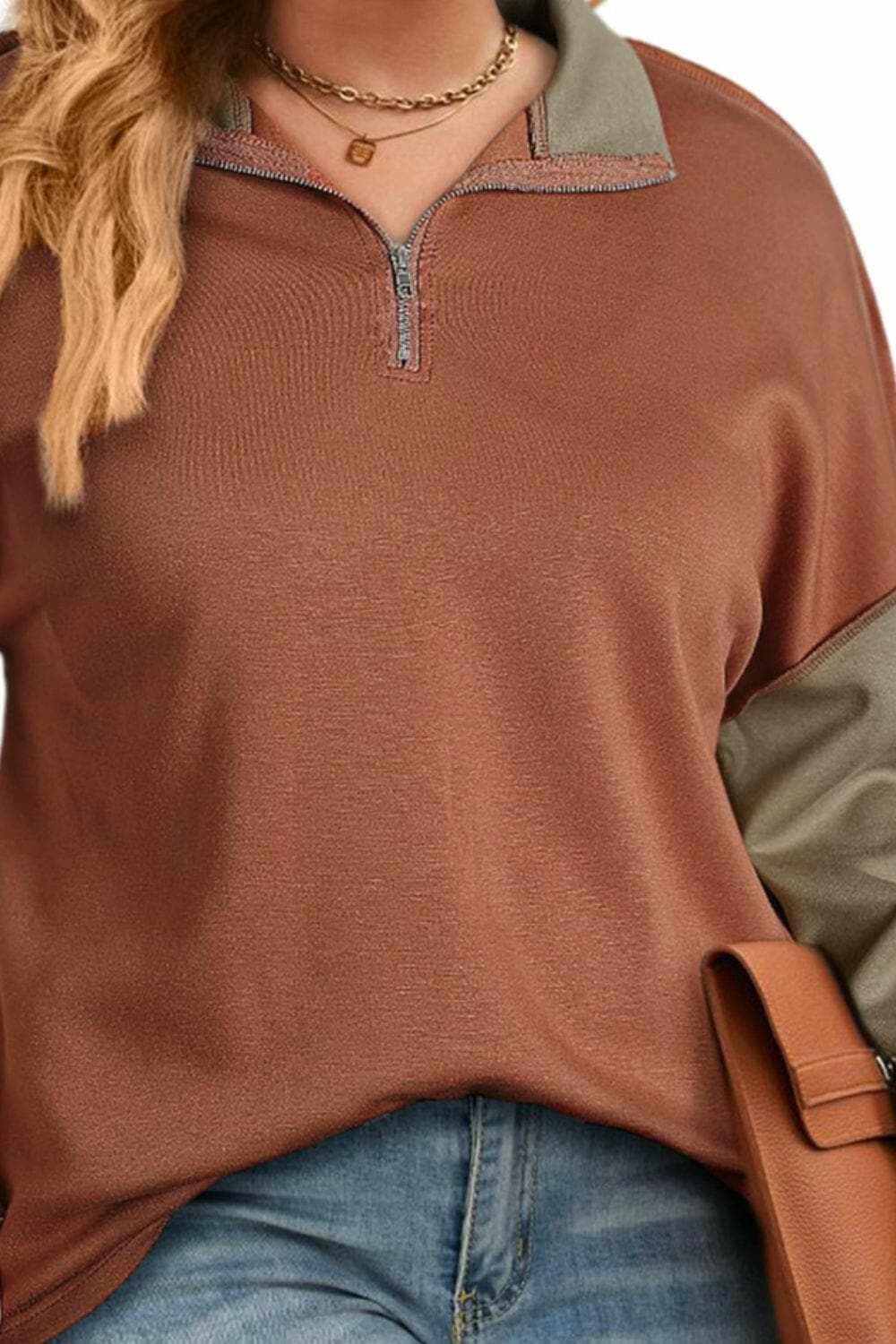 Plus Size Exposed Seam Color Block Quarter Zip Sweatshirt - Love Salve