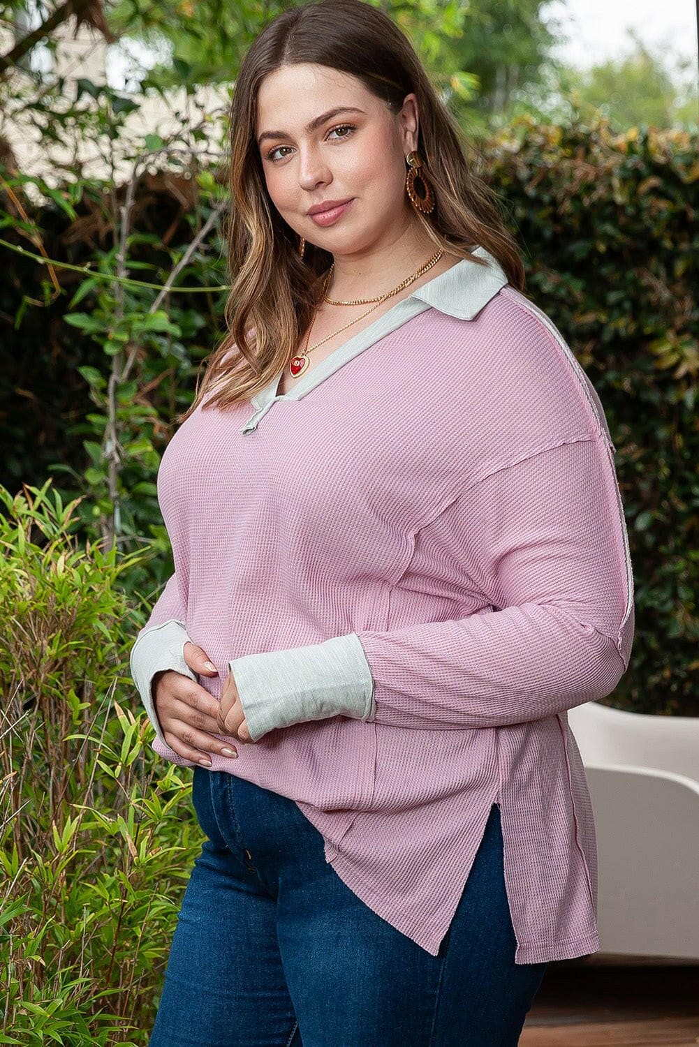 Plus Size Exposed Seam Johnny Collar Long Sleeve T-Shirt - Love Salve