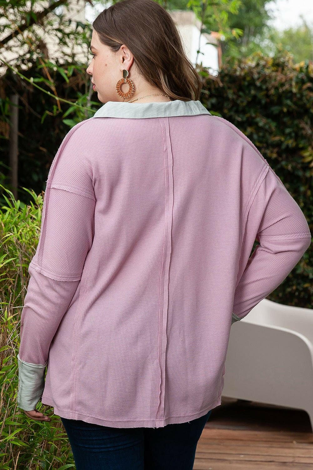 Plus Size Exposed Seam Johnny Collar Long Sleeve T-Shirt - Love Salve