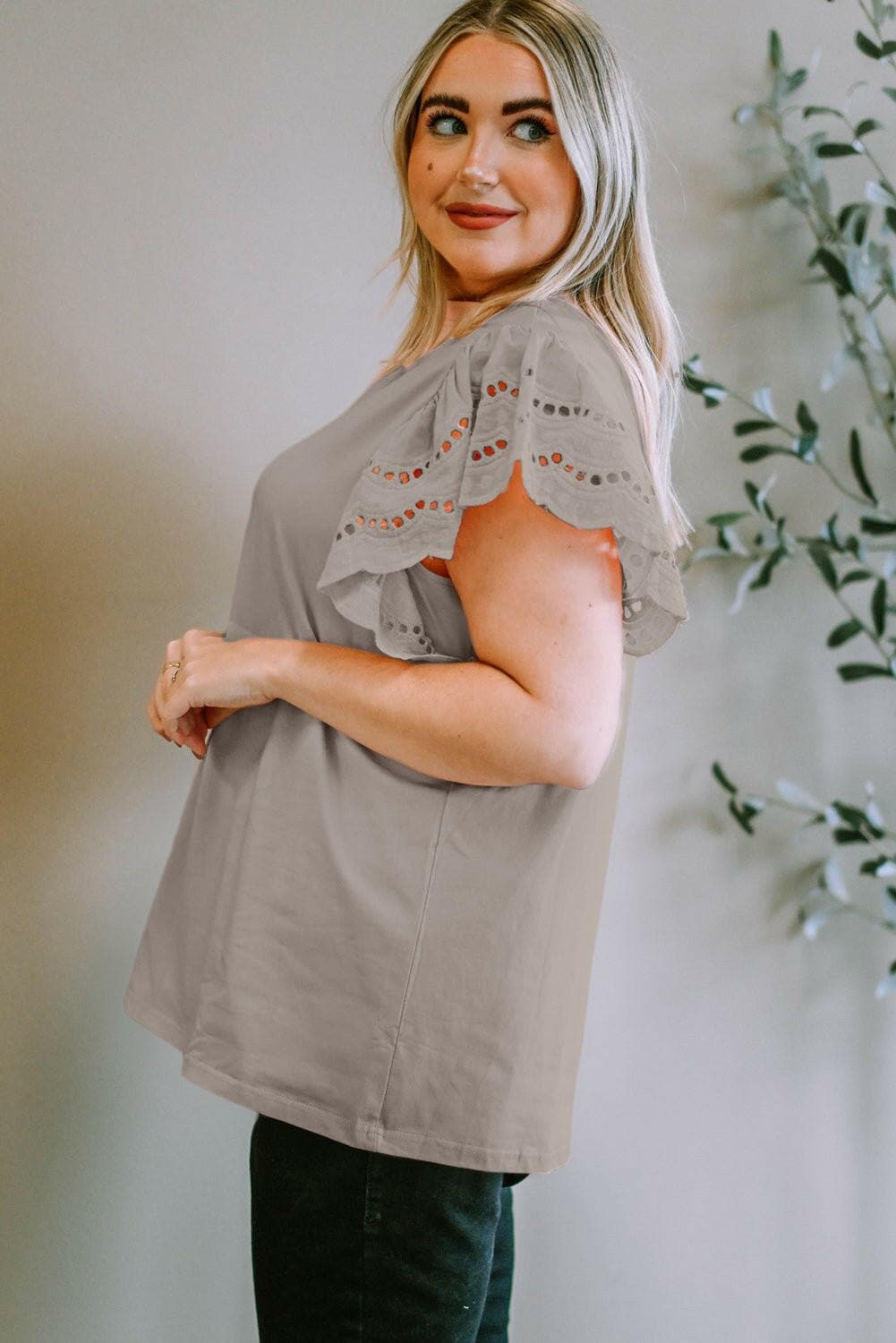 Plus Size Eyelet Round Neck Short Sleeve Blouse - Love Salve