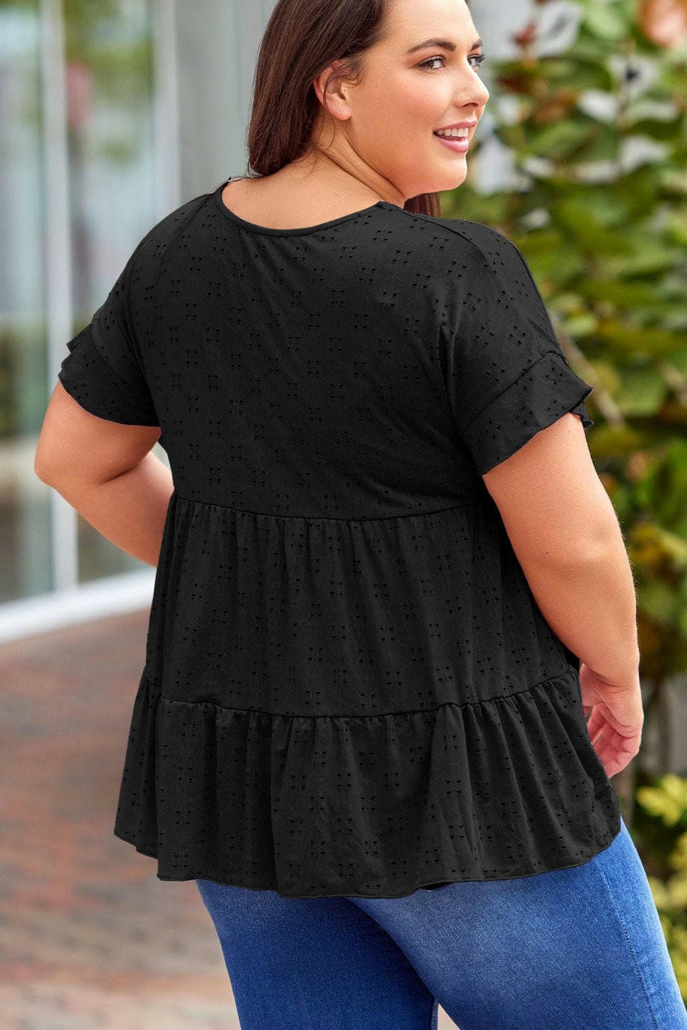 Eyelet Detail Plus Size Sheer Blouse with Ruffled SleevesEyelet Detail Plus Size Sheer Blouse with Ruffled Sleeves
 Step into sheer elegance and upgrade your style with our Eyelet Detail Plus Size Sheer Blouse. This blouseLove Salve Size Sheer Blouseplus