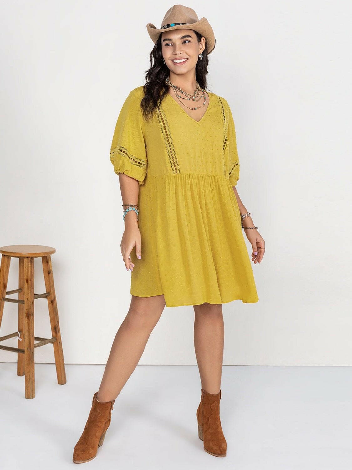 Plus Size Eyelet Swiss Dot Half Sleeve Mini Dress - Love Salve