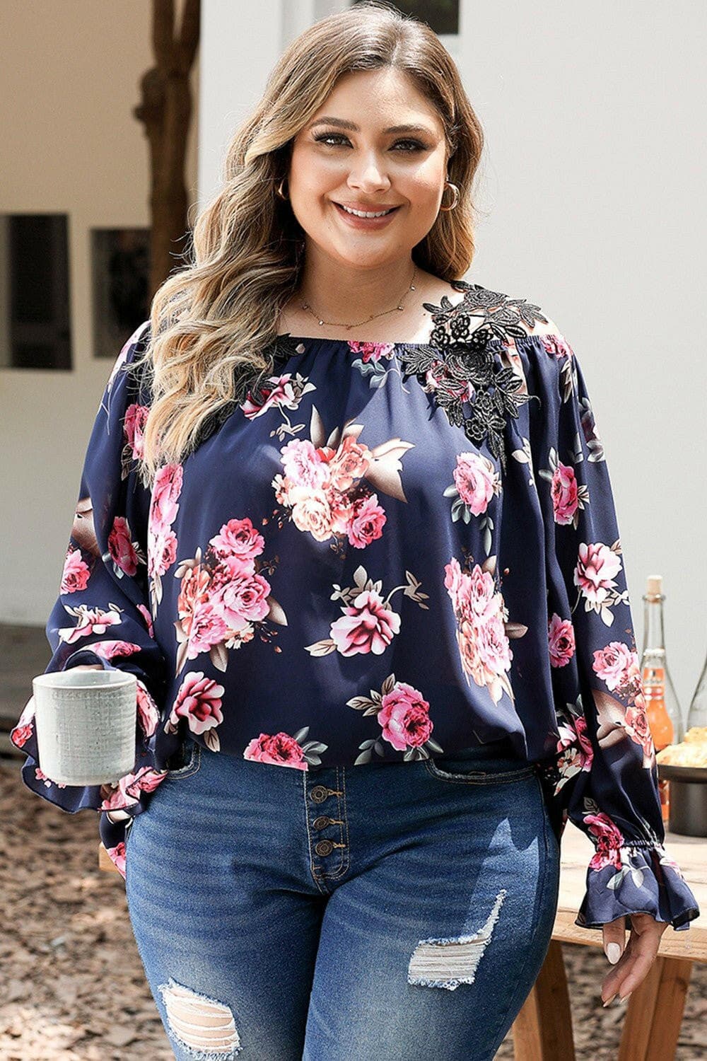 Plus Size Floral Flounce Sleeve Blouse - Love Salve