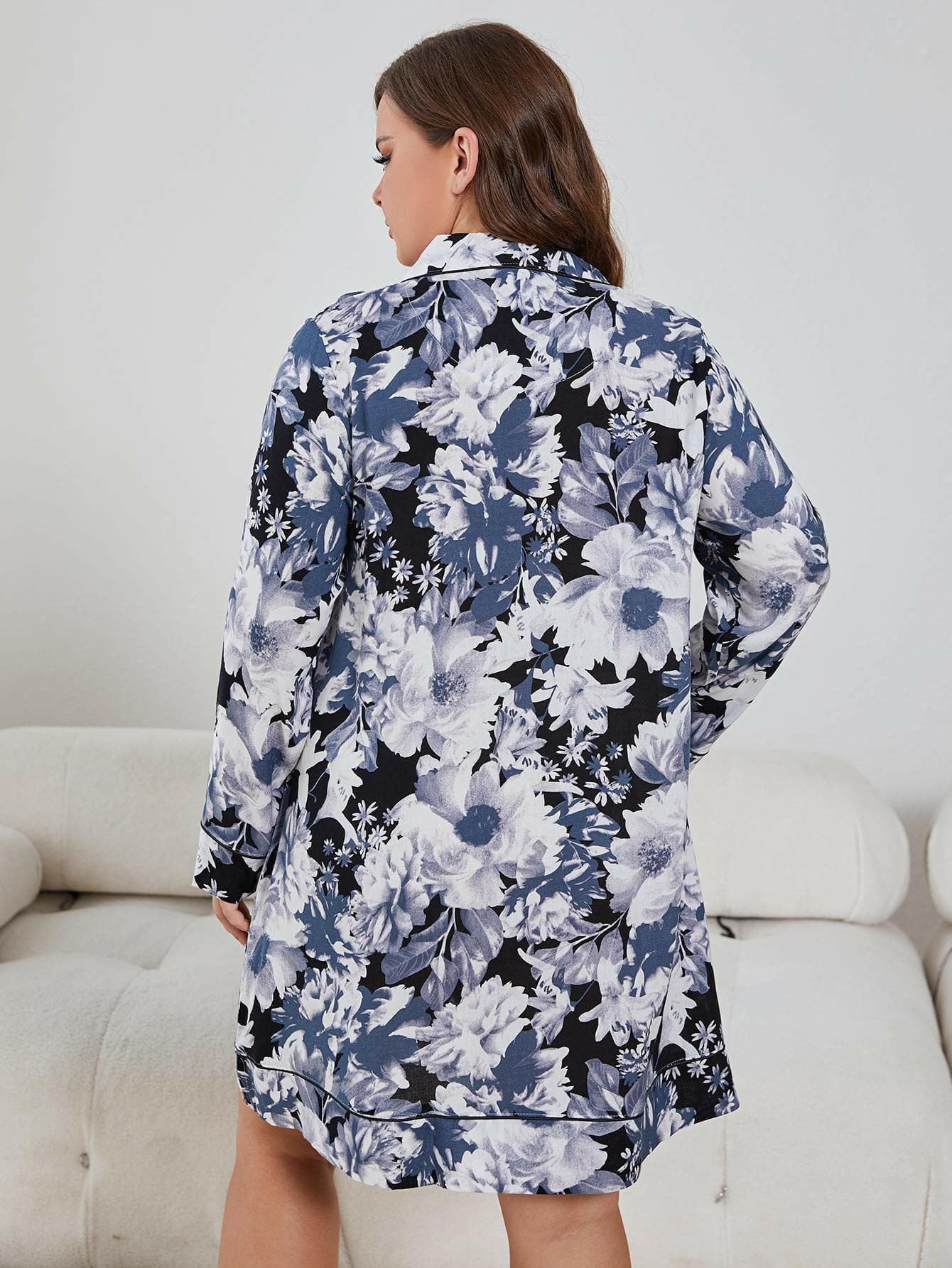 Plus Size Floral Lapel Collar Long Sleeve Night Dress - Love Salve