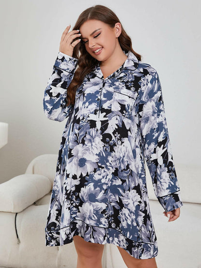 Plus Size Floral Lapel Collar Long Sleeve Night Dress - Love Salve