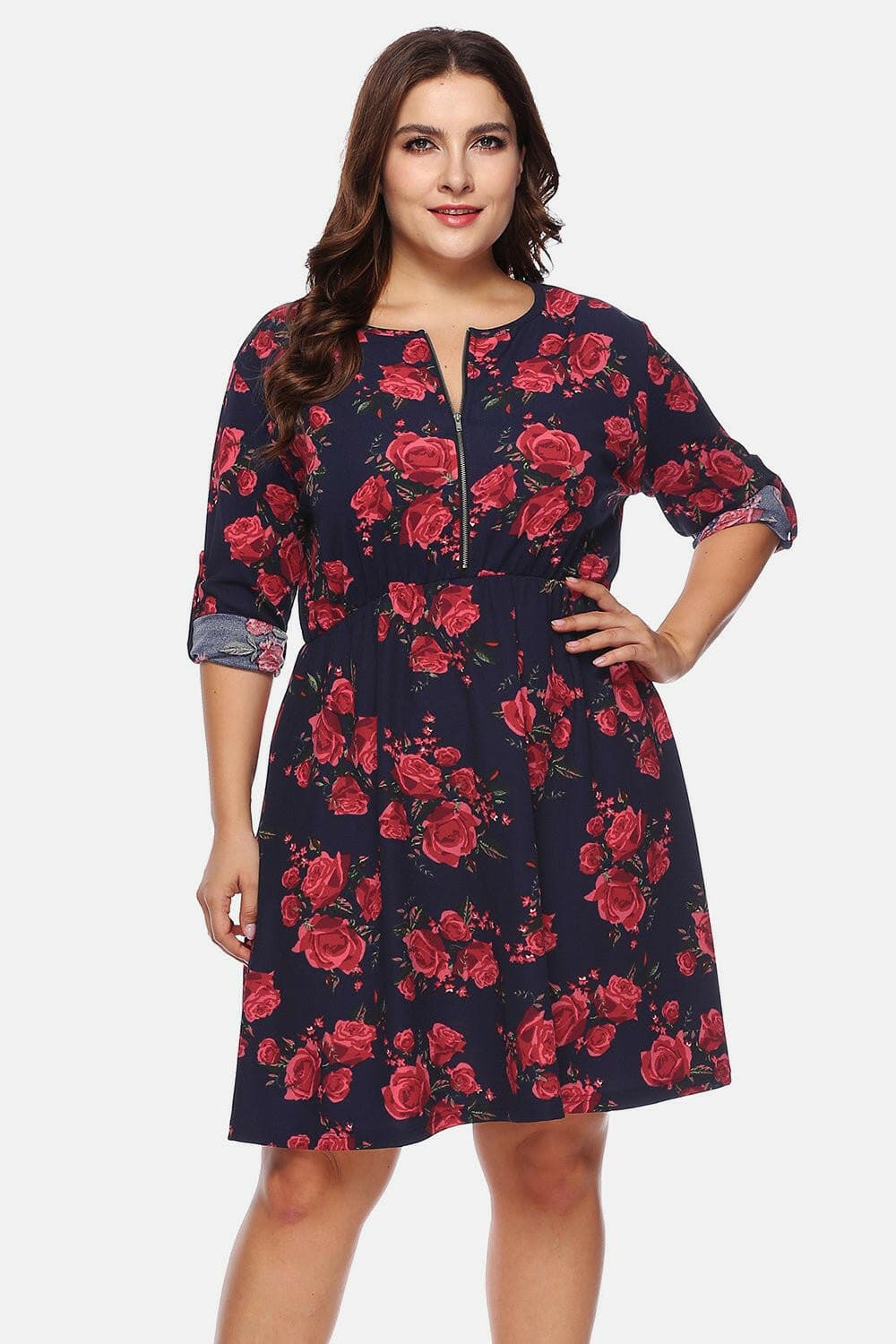 Floral print half zip dress for curvy women with smocked sheer design.