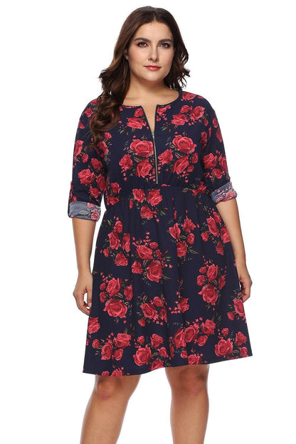 Plus Size Floral Print Half Zip Up Dress - Love Salve