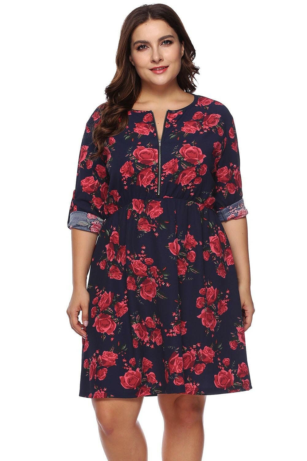 Plus Size Floral Print Half Zip Up Dress - Love Salve