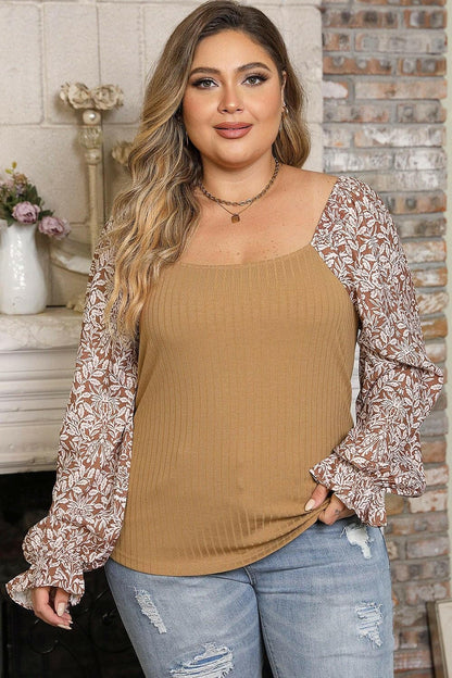 Plus Size Floral Square Neck Flounce Sleeve Blouse - Love Salve