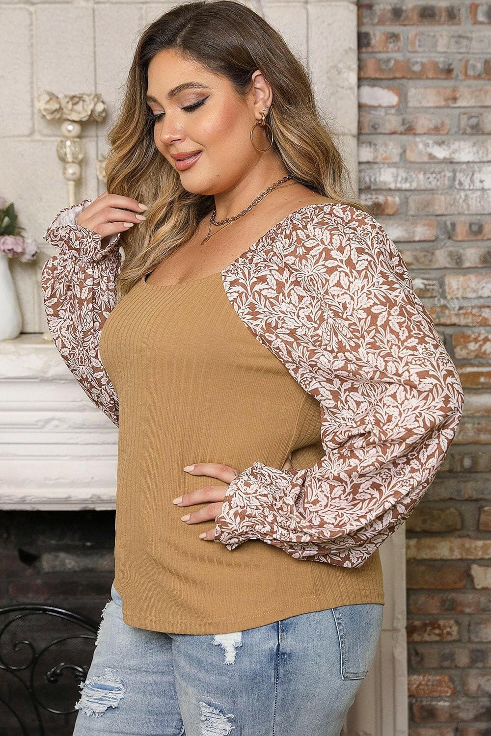 Plus Size Floral Square Neck Flounce Sleeve Blouse - Love Salve