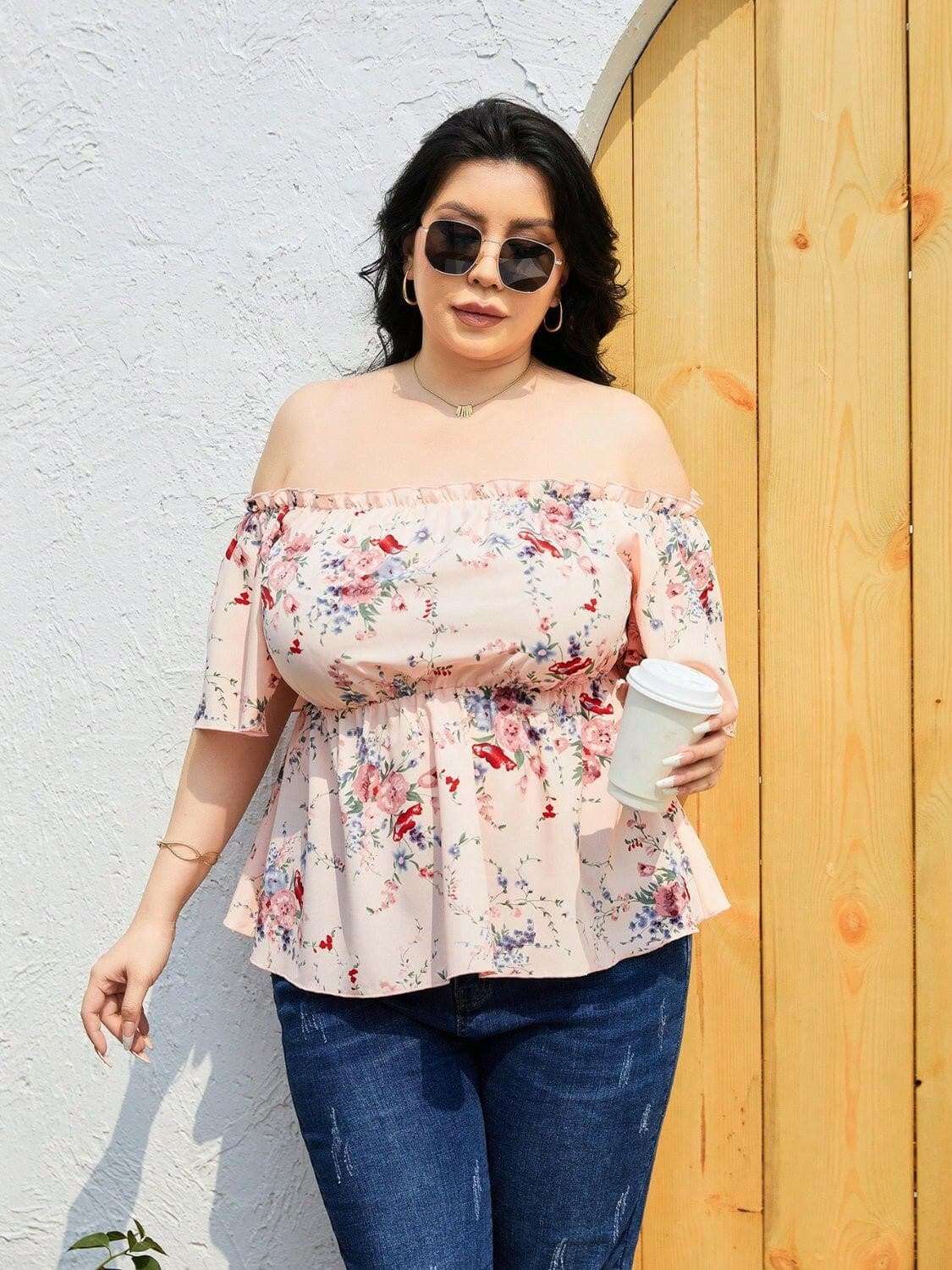 Plus Size Frill Printed Flutter Sleeve Blouse - Love Salve