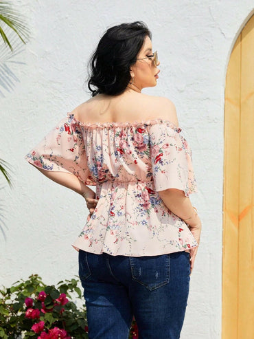 Plus Size Frill Printed Flutter Sleeve Blouse - Love Salve