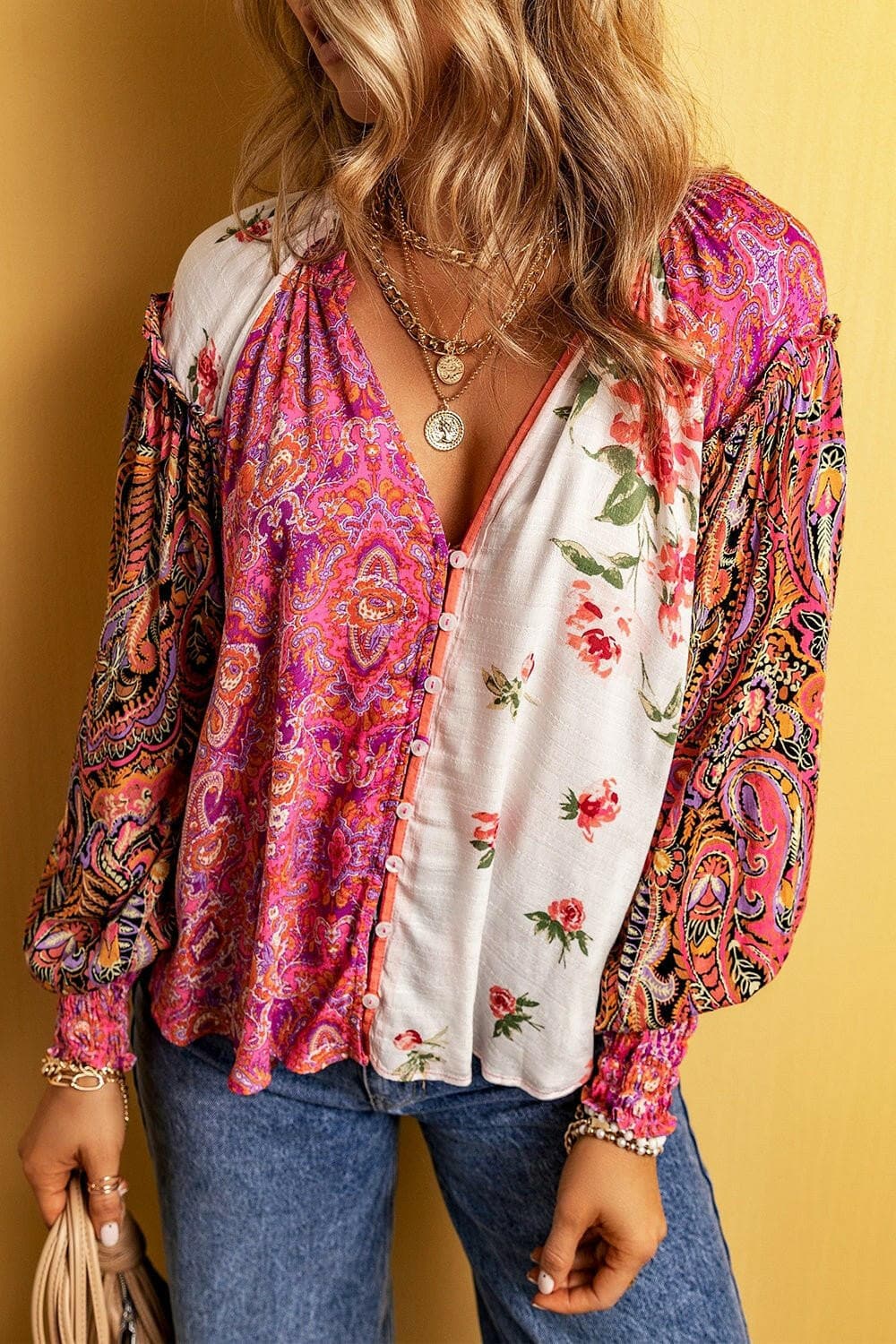 Plus Size Frill Printed V-Neck Long Sleeve Blouse - Love Salve