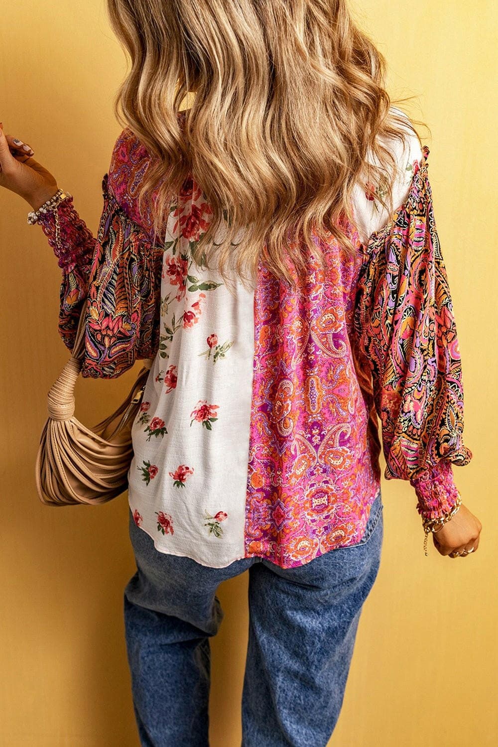 Plus Size Frill Printed V-Neck Long Sleeve Blouse - Love Salve