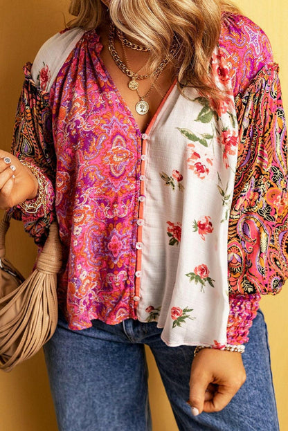 Plus Size Frill Printed V-Neck Long Sleeve Blouse - Love Salve