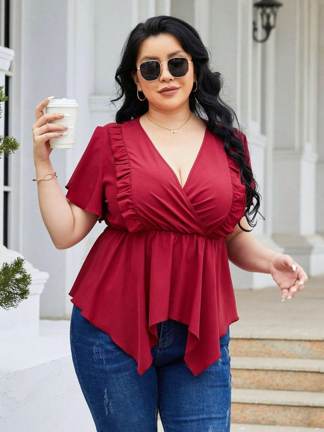 Plus Size Frill Surplice Flutter Sleeve Blouse - Love Salve