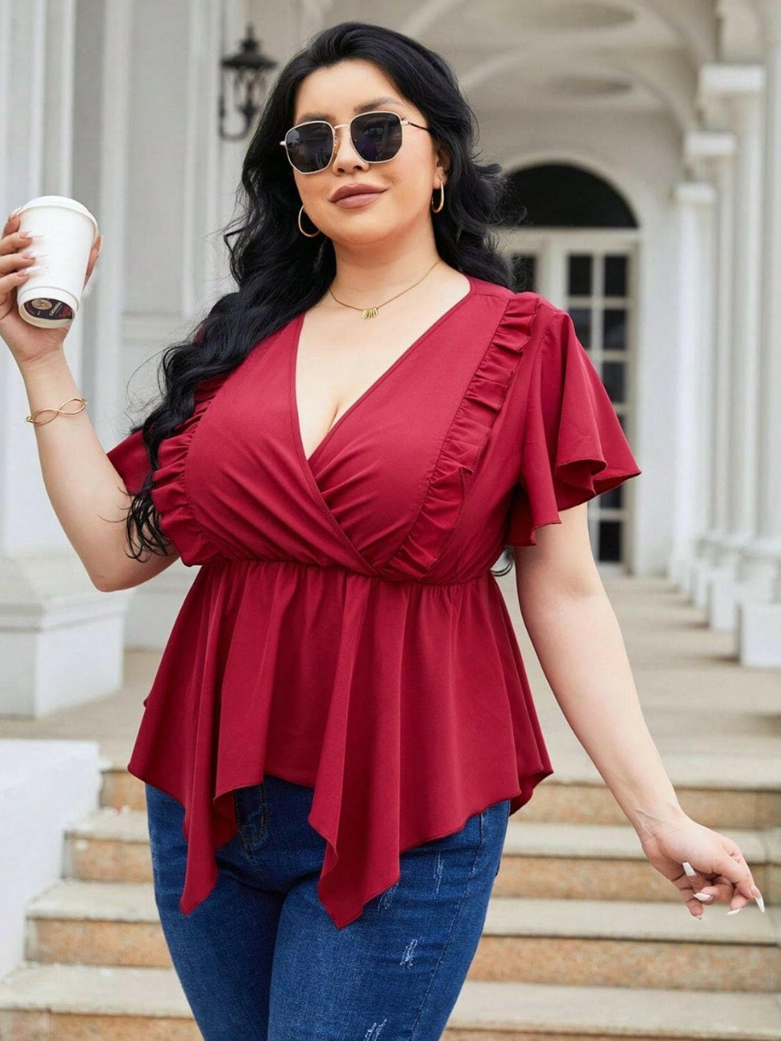 Plus Size Frill Surplice Flutter Sleeve Blouse - Love Salve