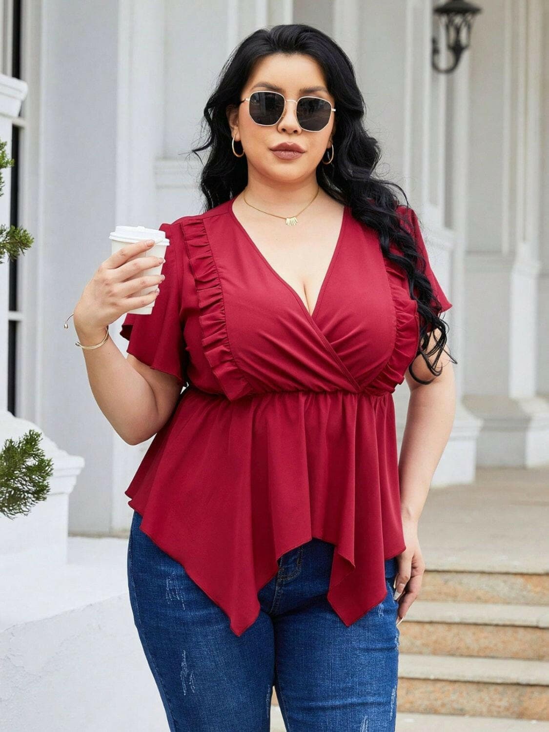 Plus Size Frill Surplice Flutter Sleeve Blouse - Love Salve