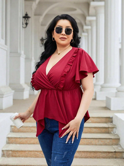 Plus Size Frill Surplice Flutter Sleeve Blouse - Love Salve