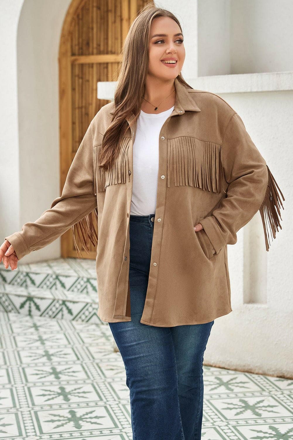 Plus Size Fringe Trim Snap Down Long Sleeve Shacket - Love Salve