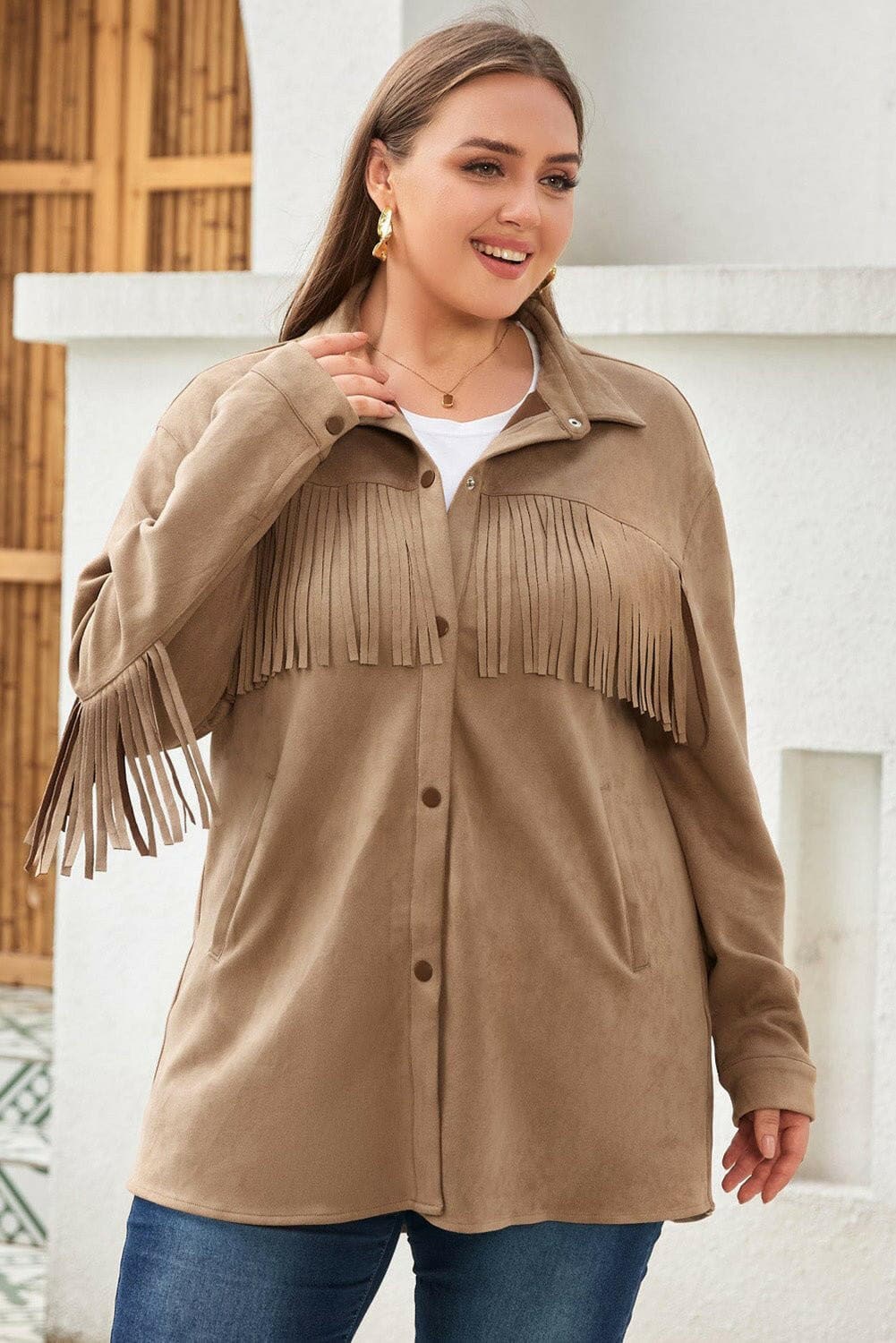 Plus Size Fringe Trim Snap Down Long Sleeve Shacket - Love Salve