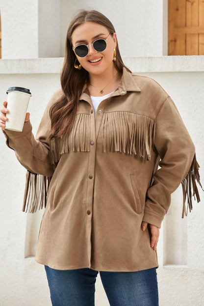 Fringe trim plus size shacket with snap front and pockets.