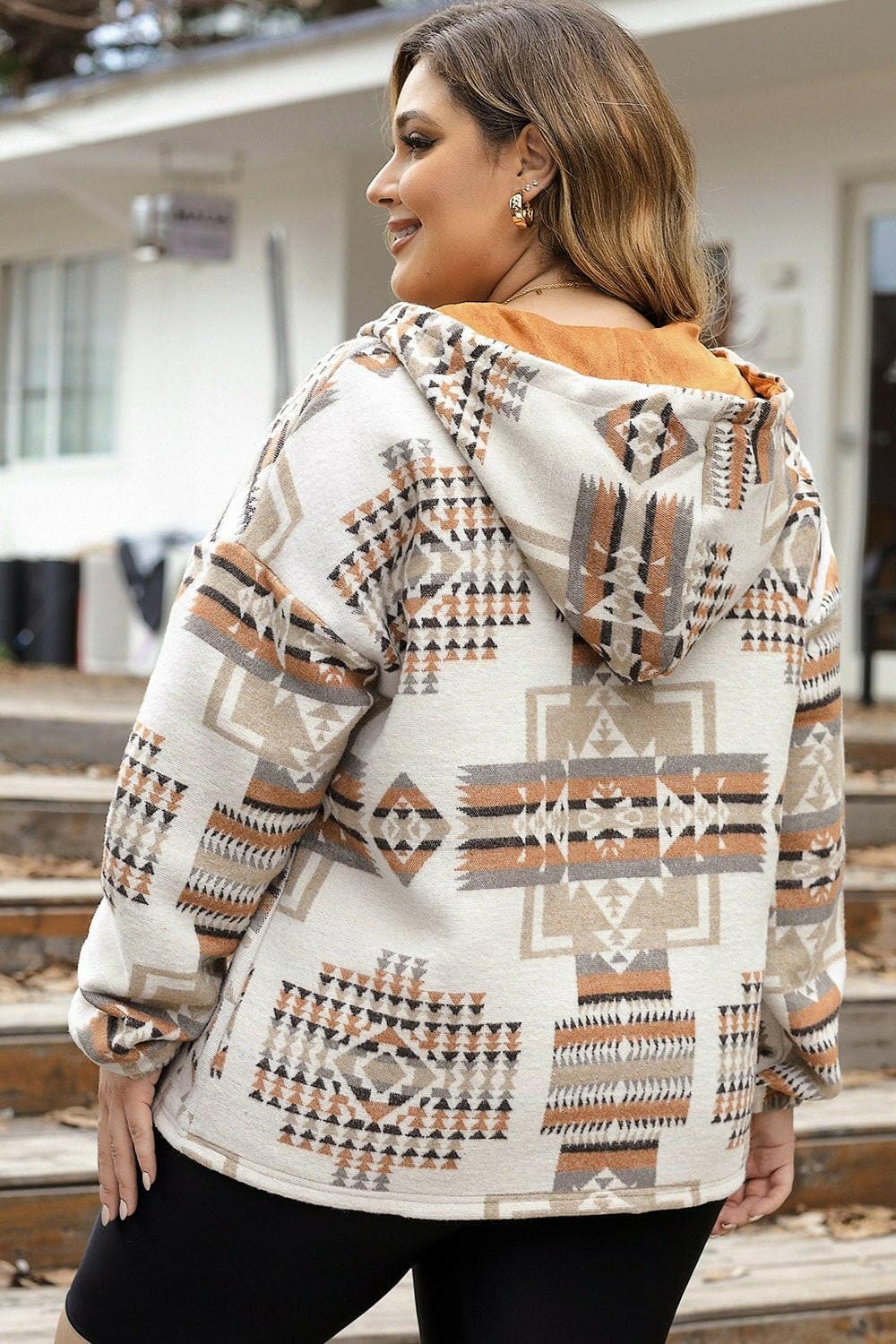 Plus Size Geometric Print Kangaroo Pockets Hoodie - Love Salve