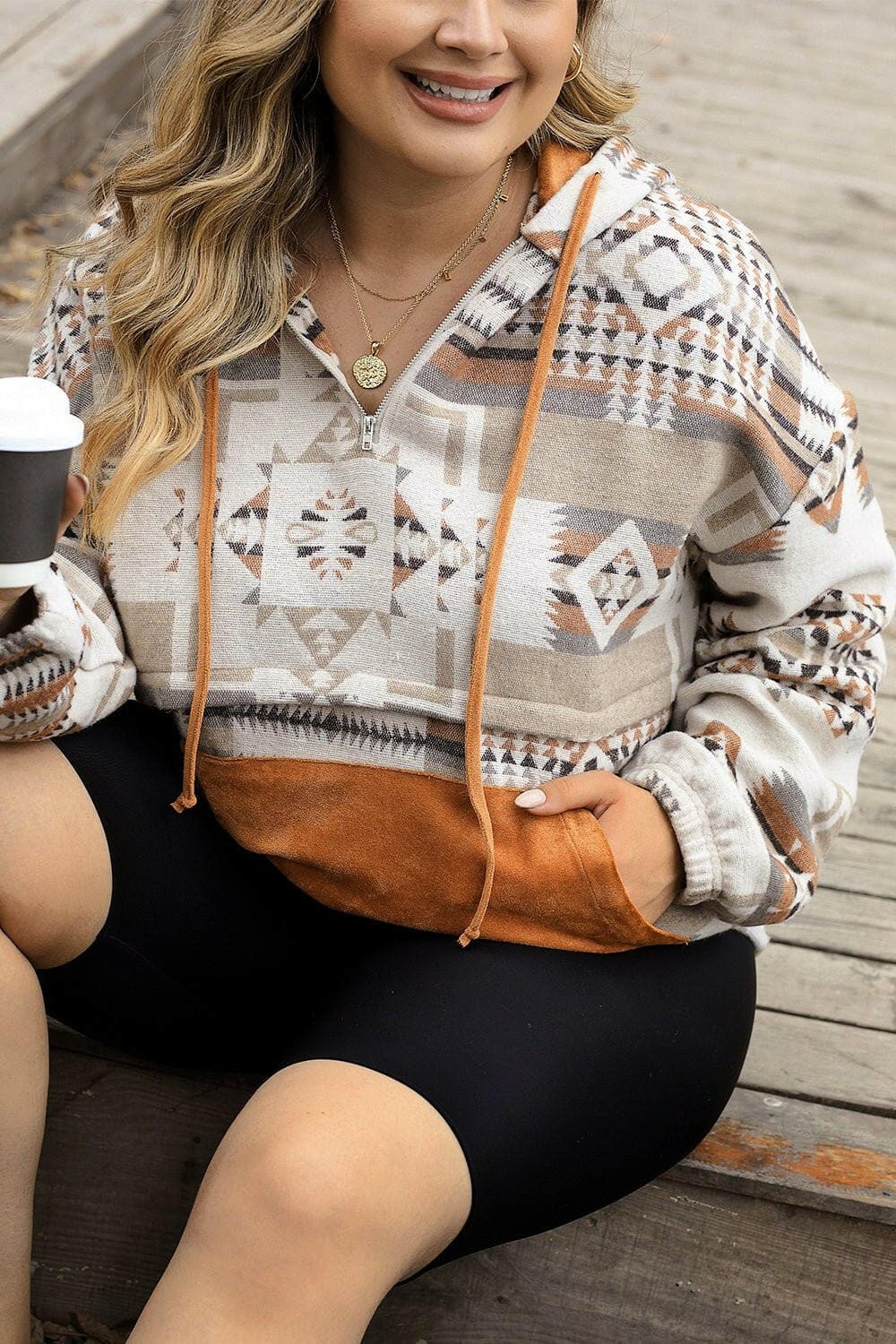 Plus Size Geometric Print Kangaroo Pockets Hoodie - Love Salve