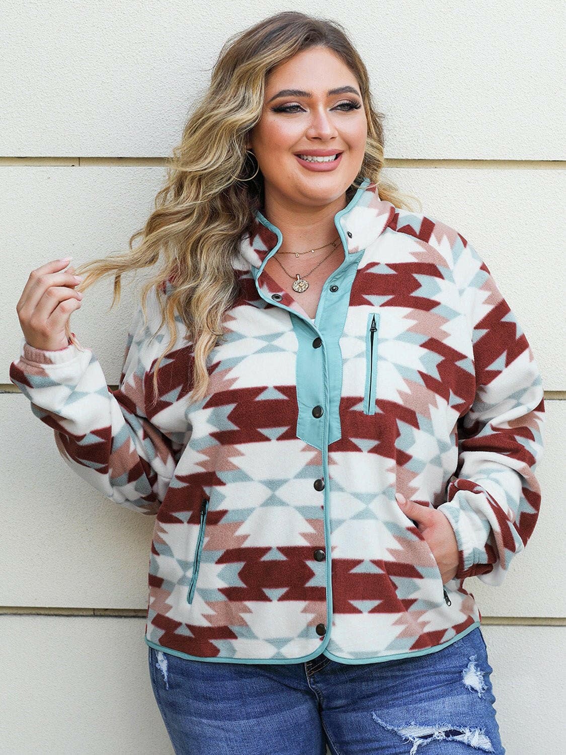 Plus Size Geometric Snap Down Long Sleeve Jacket - Love Salve