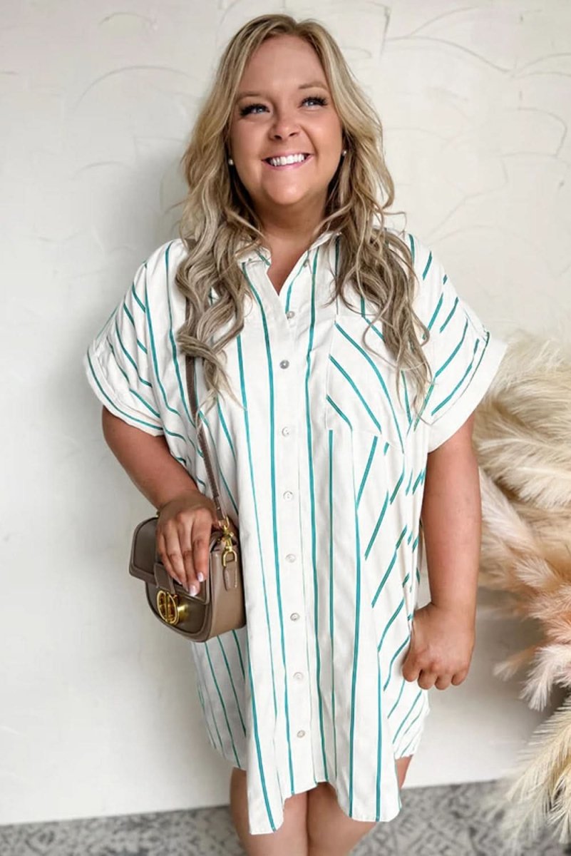 Plus Size Green Striped Button - Up Shirt Dress for St. Patrick's Day - Love Salve
