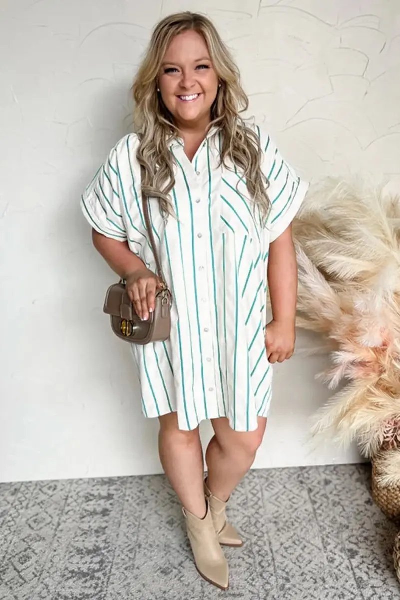 Plus Size Green Striped Button-Up Shirt Dress for St. Patrick's Day - Love Salve 