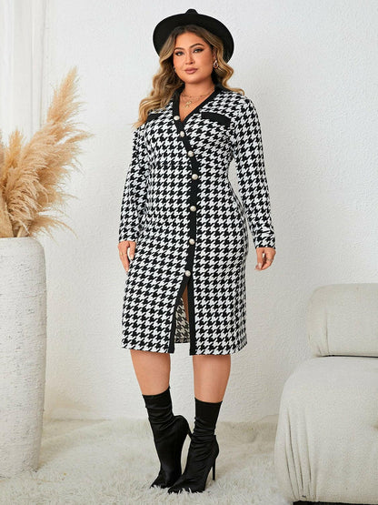 Plus Size Houndstooth Long Sleeve Slit Dress - Love Salve